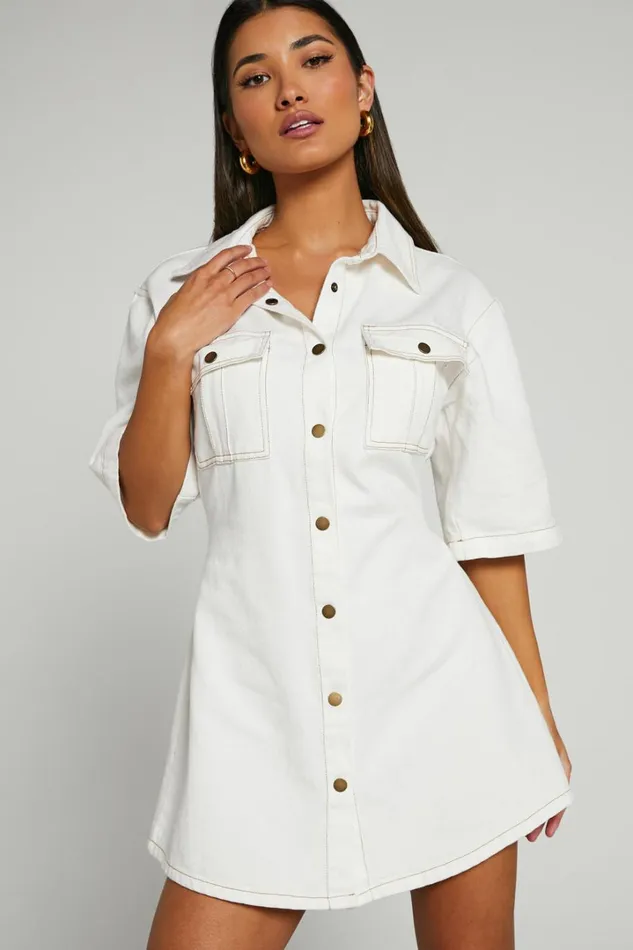 Leilani Mini Dress 8211 Denim Short Sleeve Button Up Dress In ECRU Women Showpo Denim