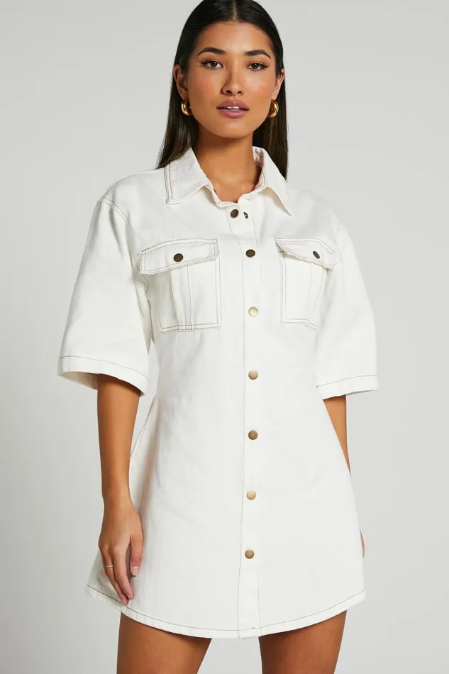 Leilani Mini Dress 8211 Denim Short Sleeve Button Up Dress In ECRU Women Showpo Denim