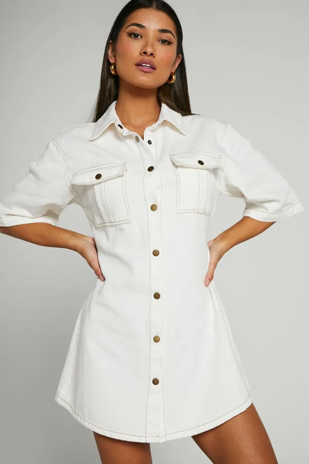 Leilani Mini Dress 8211 Denim Short Sleeve Button Up Dress In ECRU Women Showpo Denim