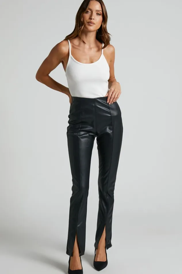 Lenette 8211 High Waisted Faux Leather Split Hem Leggings In Black Women Showpo Curve Clothes