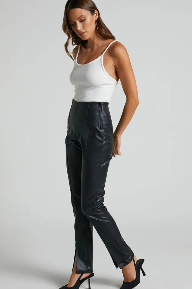 Lenette 8211 High Waisted Faux Leather Split Hem Leggings In Black Women Showpo Curve Clothes