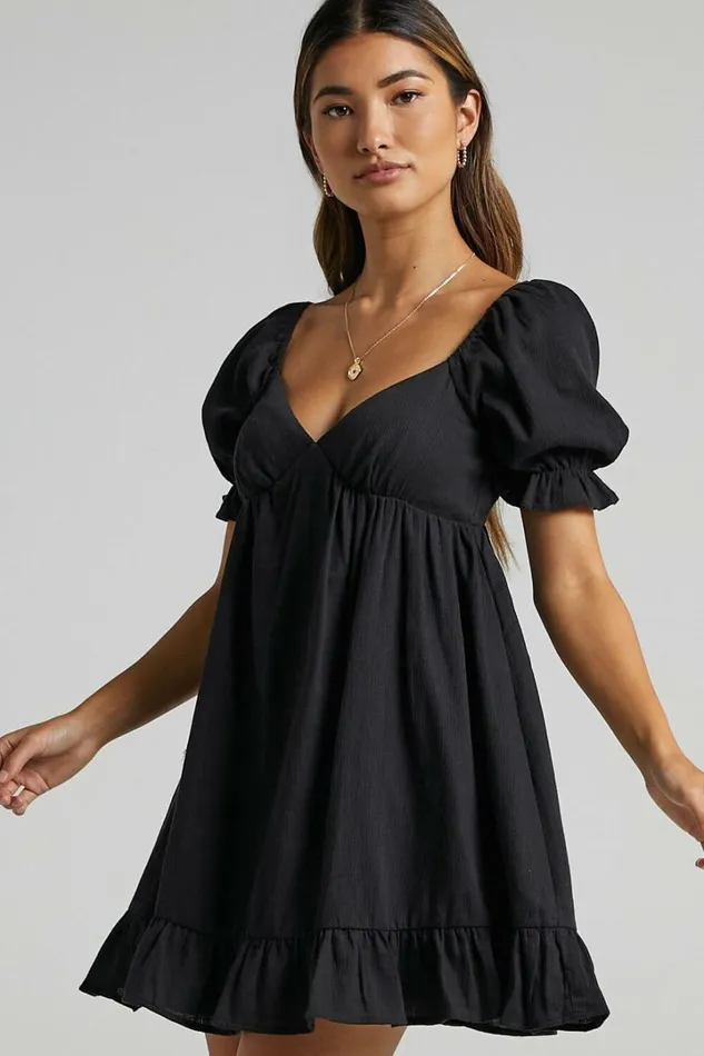 Levana Mini Dress 8211 Empire Waist Puff Sleeve Dress In Black Women Showpo Dresses