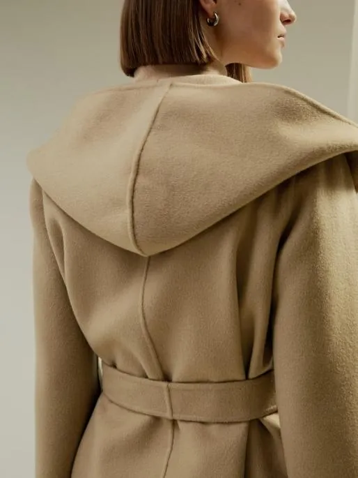 Lilysilk CashmereWoolBlend Belted Short Hooded Coat Women Knitwear