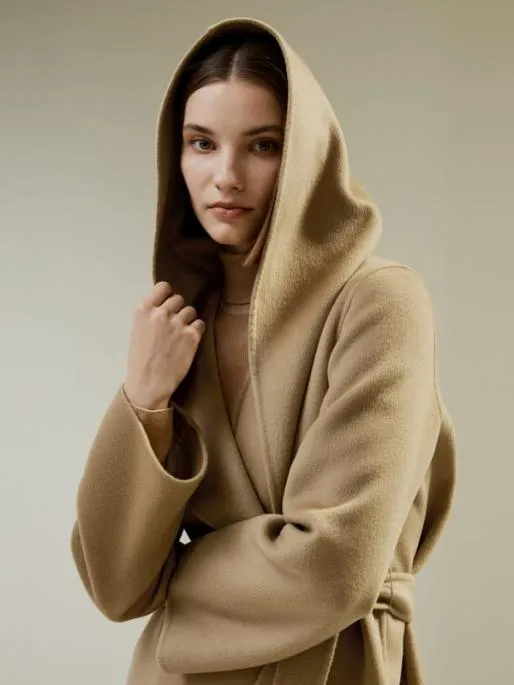 Lilysilk CashmereWoolBlend Belted Short Hooded Coat Women Knitwear