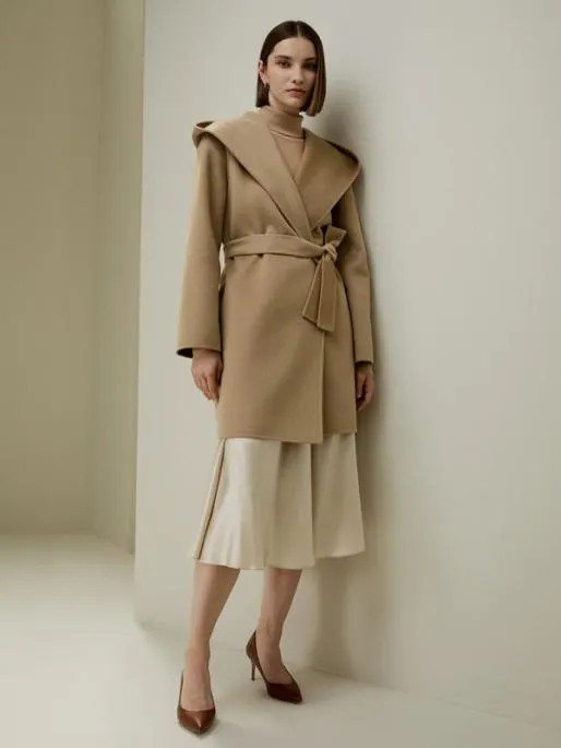 Lilysilk CashmereWoolBlend Belted Short Hooded Coat Women Knitwear