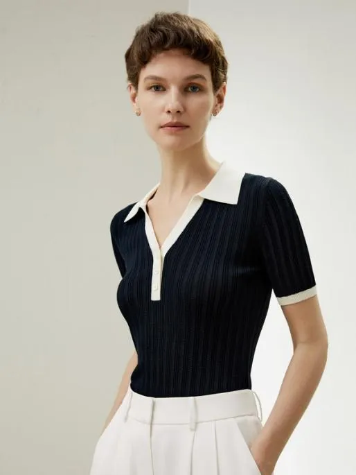 Lilysilk Machine Washable V Neck Ribbed Silk Knit Top Tee Women Tops