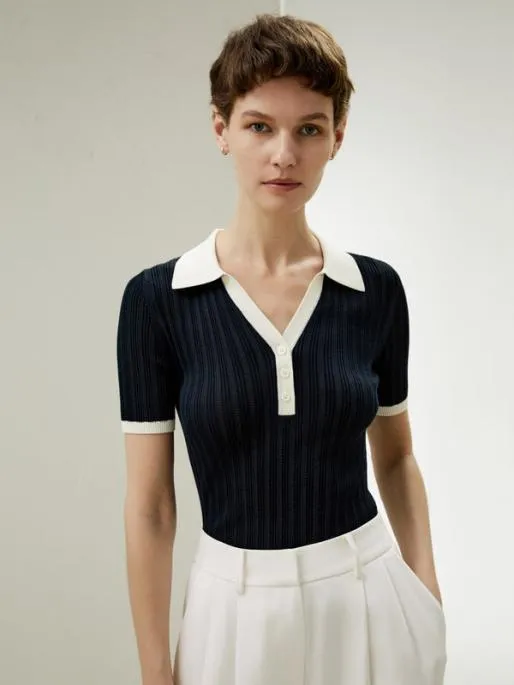 Lilysilk Machine Washable V Neck Ribbed Silk Knit Top Tee Women Tops