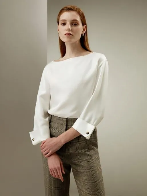 Lilysilk Silk Twill Blouse With Boat Neckline Women Blouses Shirts