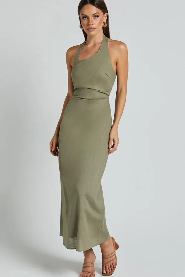Lindley Midi Dress 8211 Halter Neck Linen Look Dress In Olive Women Showpo Dresses