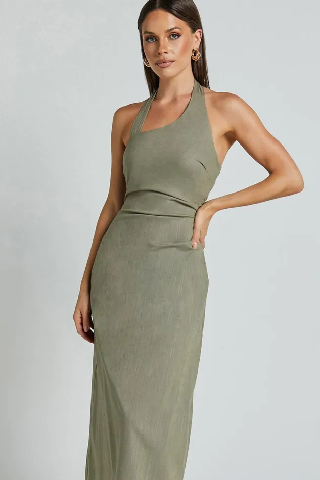 Lindley Midi Dress 8211 Halter Neck Linen Look Dress In Olive Women Showpo Dresses