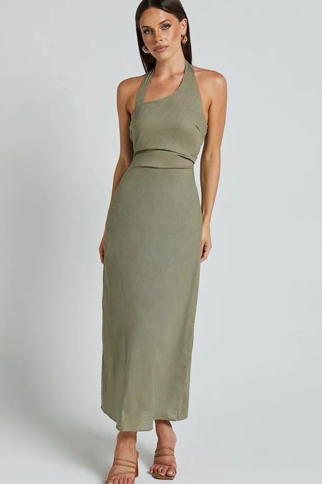 Lindley Midi Dress 8211 Halter Neck Linen Look Dress In Olive Women Showpo Dresses