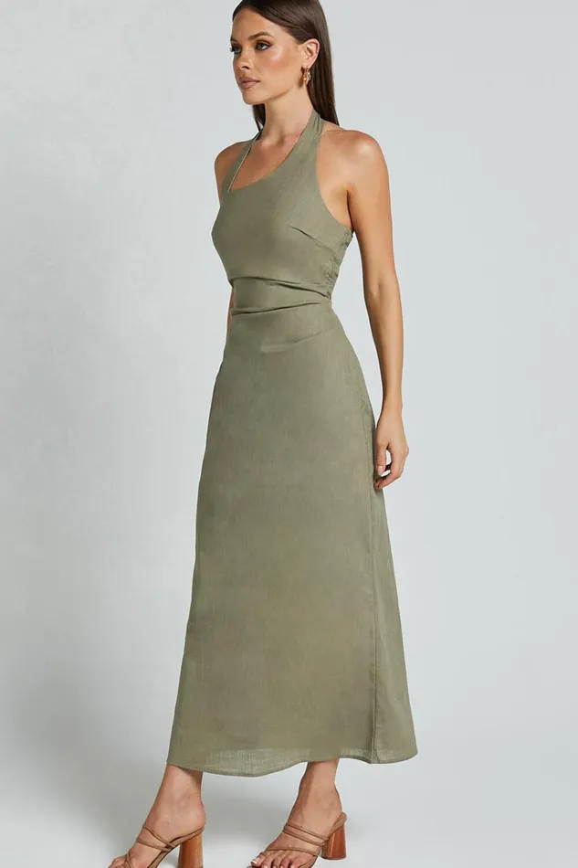 Lindley Midi Dress 8211 Halter Neck Linen Look Dress In Olive Women Showpo Dresses