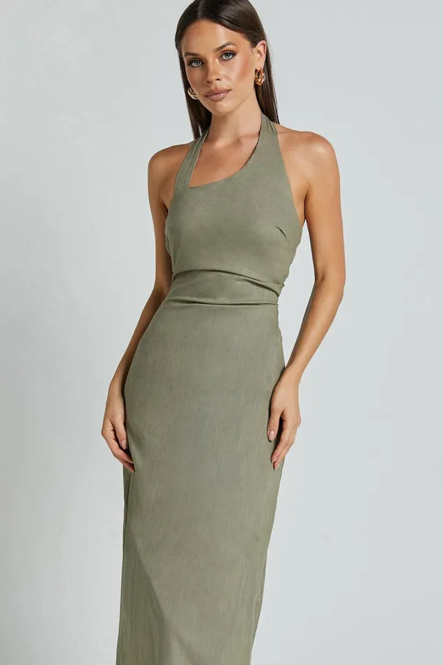 Lindley Midi Dress 8211 Halter Neck Linen Look Dress In Olive Women Showpo Dresses