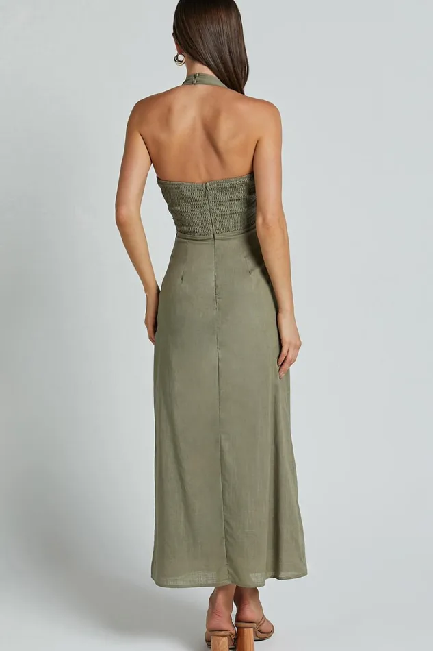Lindley Midi Dress 8211 Halter Neck Linen Look Dress In Olive Women Showpo Dresses