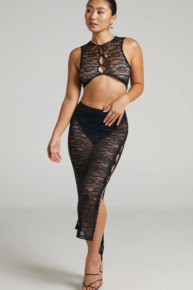 Lioness 8211 Mayfair Lace Midi Skirt In Black Women Showpo Skirts