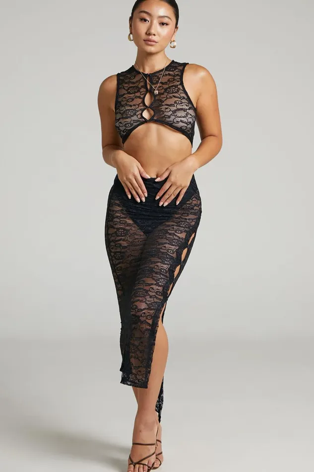 Lioness 8211 Mayfair Lace Midi Skirt In Black Women Showpo Skirts