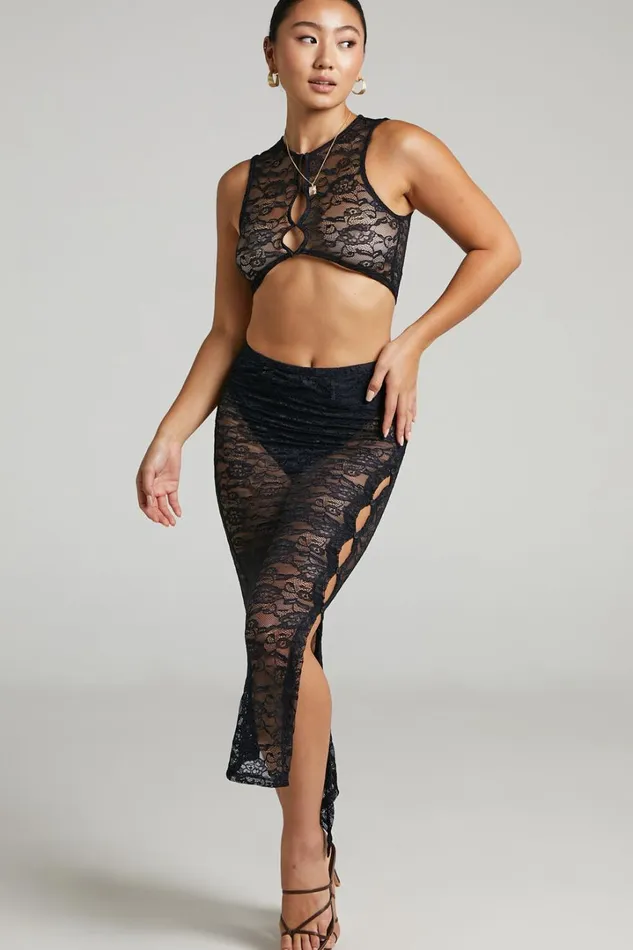 Lioness 8211 Mayfair Lace Midi Skirt In Black Women Showpo Skirts