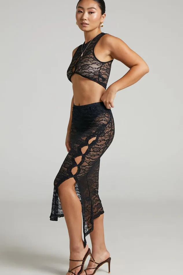 Lioness 8211 Mayfair Lace Midi Skirt In Black Women Showpo Skirts
