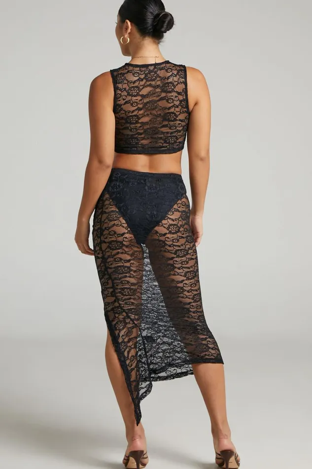Lioness 8211 Mayfair Lace Midi Skirt In Black Women Showpo Skirts
