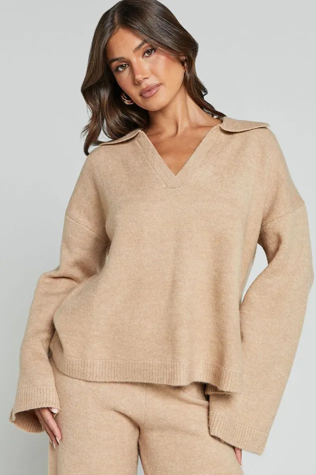 Livia Jumper 8211 Knitted V Neck Collared Jumper In Beige Marl Women Showpo Sweaters and Cardigans Livia Jumper 8211 Knitted V Neck Collared Jumper In Beige Marl Women Showpo Sweaters and Cardigans