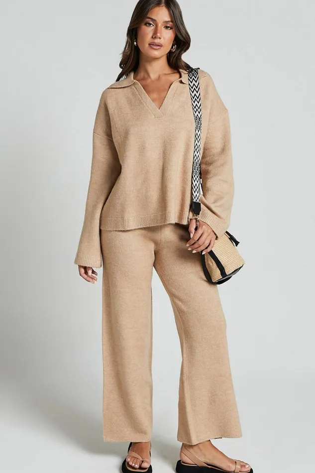 Livia Jumper 8211 Knitted V Neck Collared Jumper In Beige Marl Women Showpo Sweaters and Cardigans
