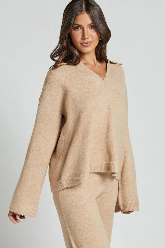 Livia Jumper 8211 Knitted V Neck Collared Jumper In Beige Marl Women Showpo Sweaters and Cardigans