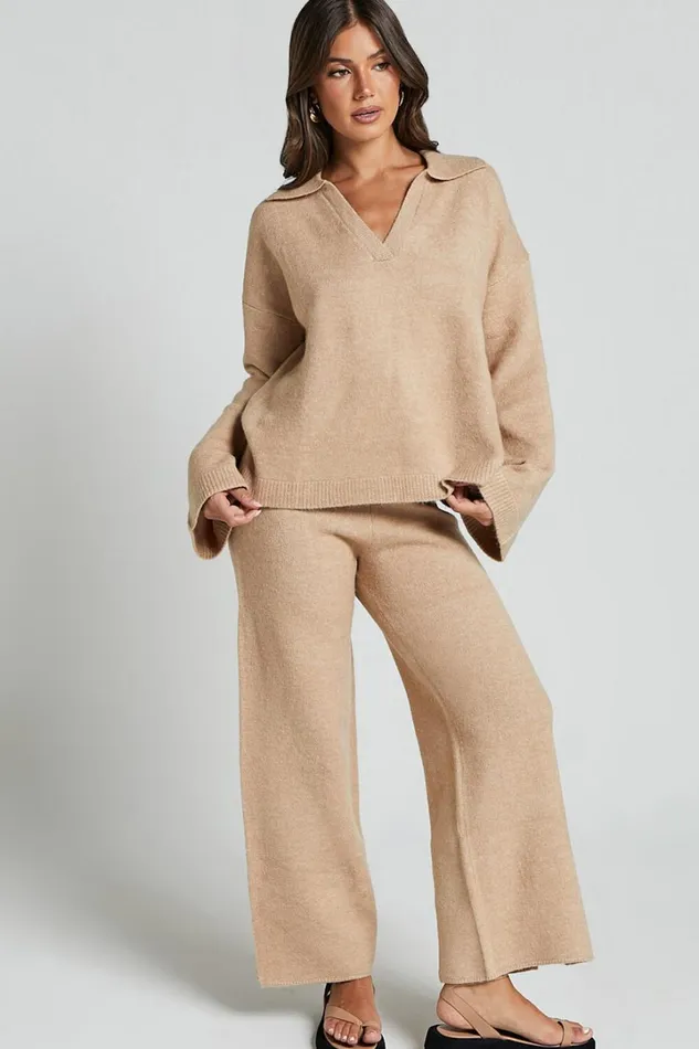 Livia Jumper 8211 Knitted V Neck Collared Jumper In Beige Marl Women Showpo Sweaters and Cardigans