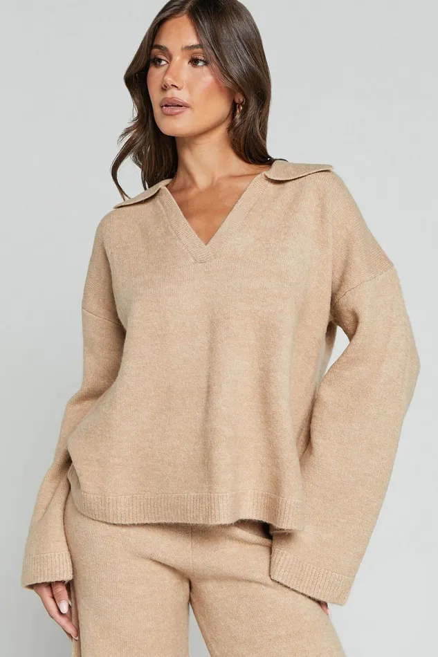 Livia Jumper 8211 Knitted V Neck Collared Jumper In Beige Marl Women Showpo Sweaters and Cardigans