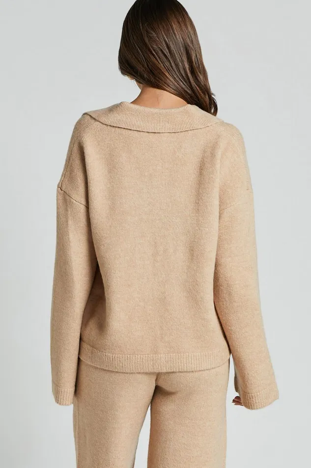 Livia Jumper 8211 Knitted V Neck Collared Jumper In Beige Marl Women Showpo Sweaters and Cardigans
