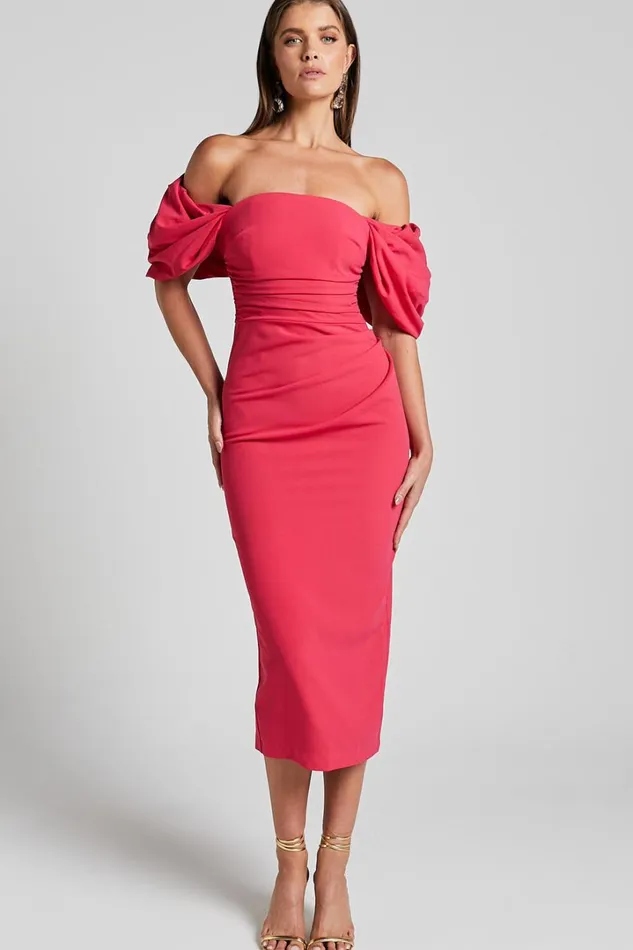 Lohan Midi Dress 8211 Off Shoulder Puff Sleeve In Berry Women Showpo Dresses