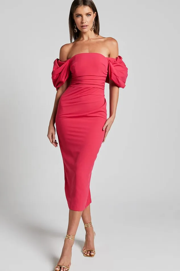 Lohan Midi Dress 8211 Off Shoulder Puff Sleeve In Berry Women Showpo Dresses