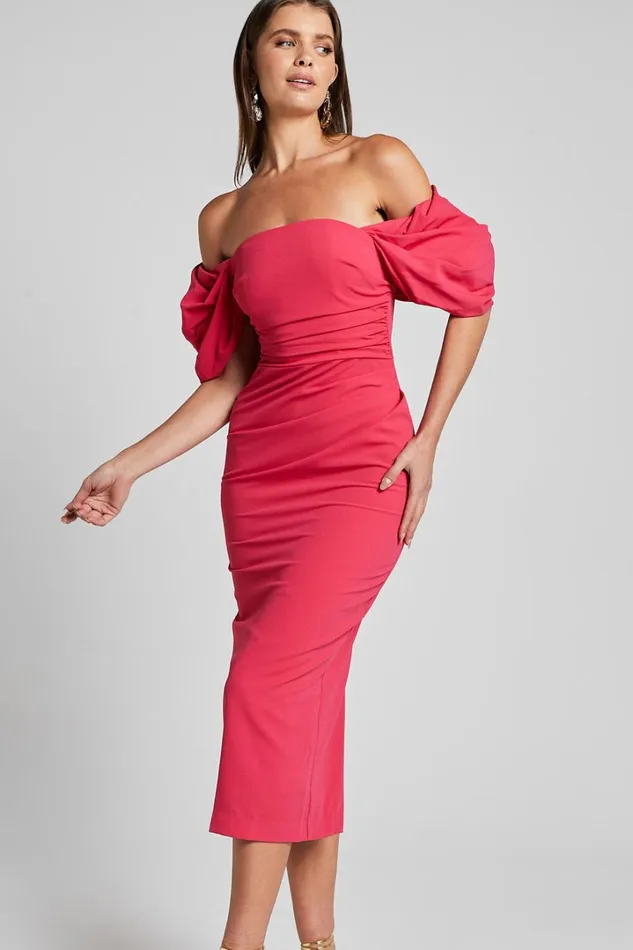 Lohan Midi Dress 8211 Off Shoulder Puff Sleeve In Berry Women Showpo Dresses