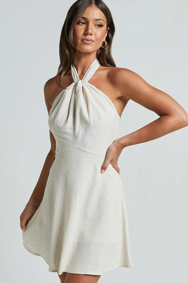 Louie Mini Dress 8211 Linen Look Halter Neck Dress In Natural Women Showpo Curve Clothes