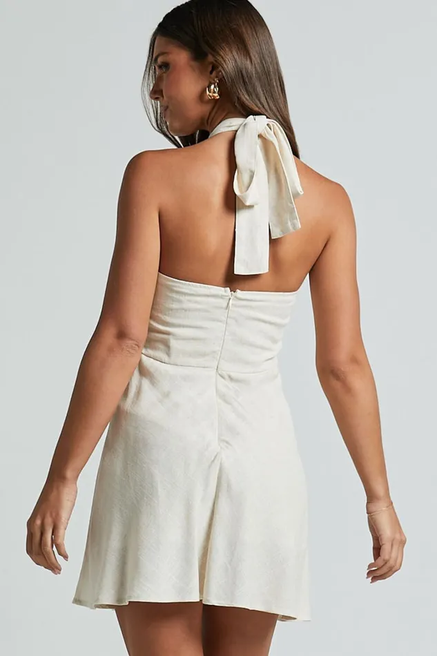 Louie Mini Dress 8211 Linen Look Halter Neck Dress In Natural Women Showpo Curve Clothes