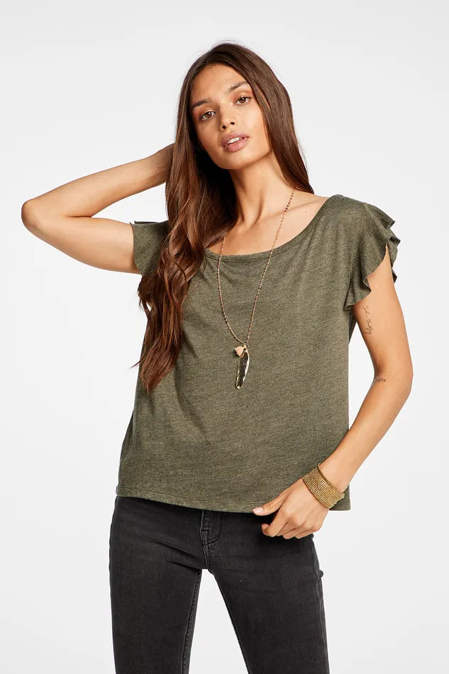 Loungewear Triblend Jersey Cropped Flutter Sleeve Open Neck Tee Chaser Brand Womens