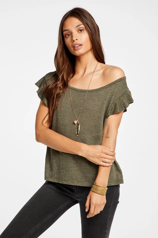 Loungewear Triblend Jersey Cropped Flutter Sleeve Open Neck Tee Chaser Brand Womens