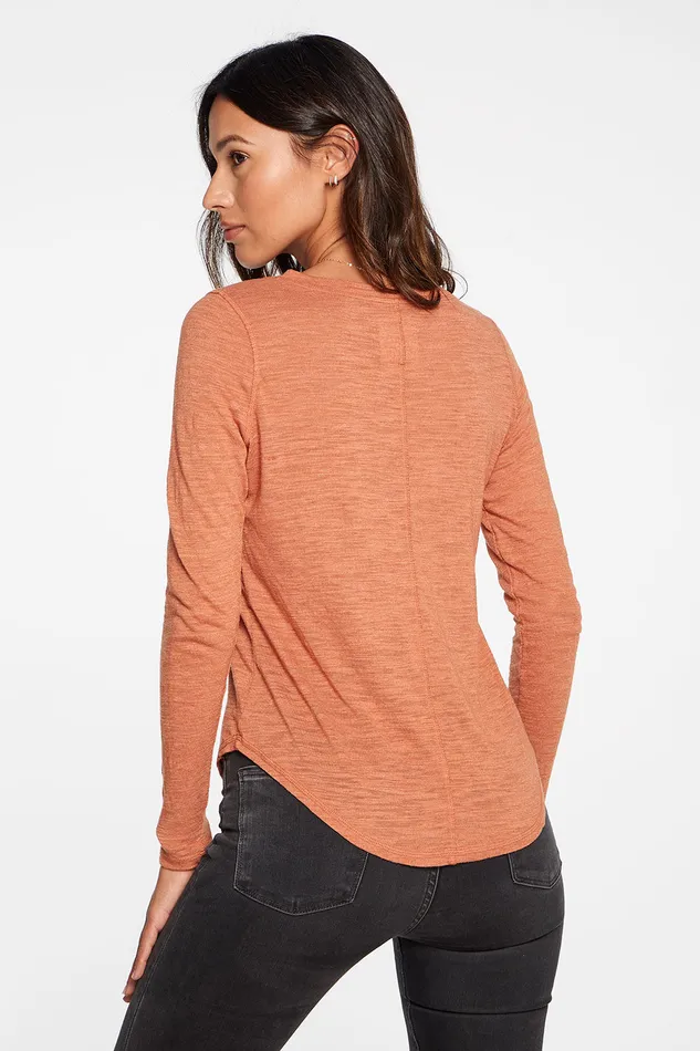 Loungewear Womens Chaser Brand Slub Jersey Long Sleeve Seamed Tee in Sunkissed Brown