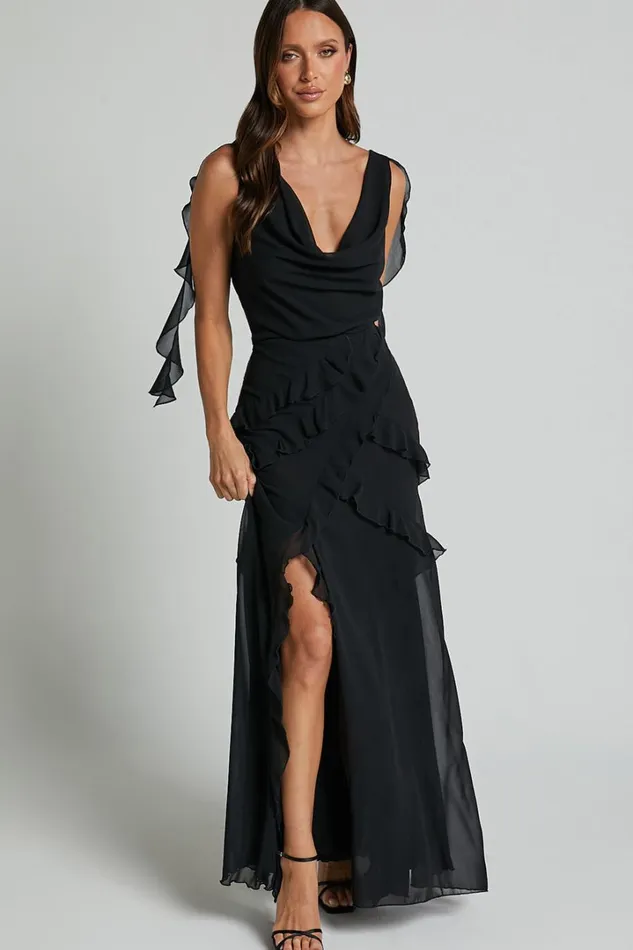 Lowen Maxi Skirt 8211 High Waist Frill Thigh Split Skirt In Black Women Showpo Skirts