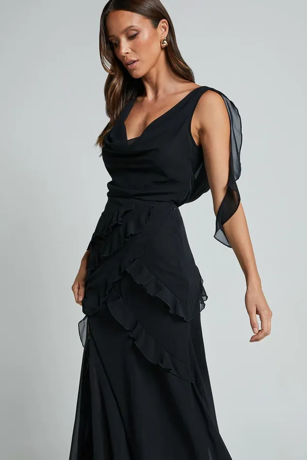Lowen Maxi Skirt 8211 High Waist Frill Thigh Split Skirt In Black Women Showpo Skirts