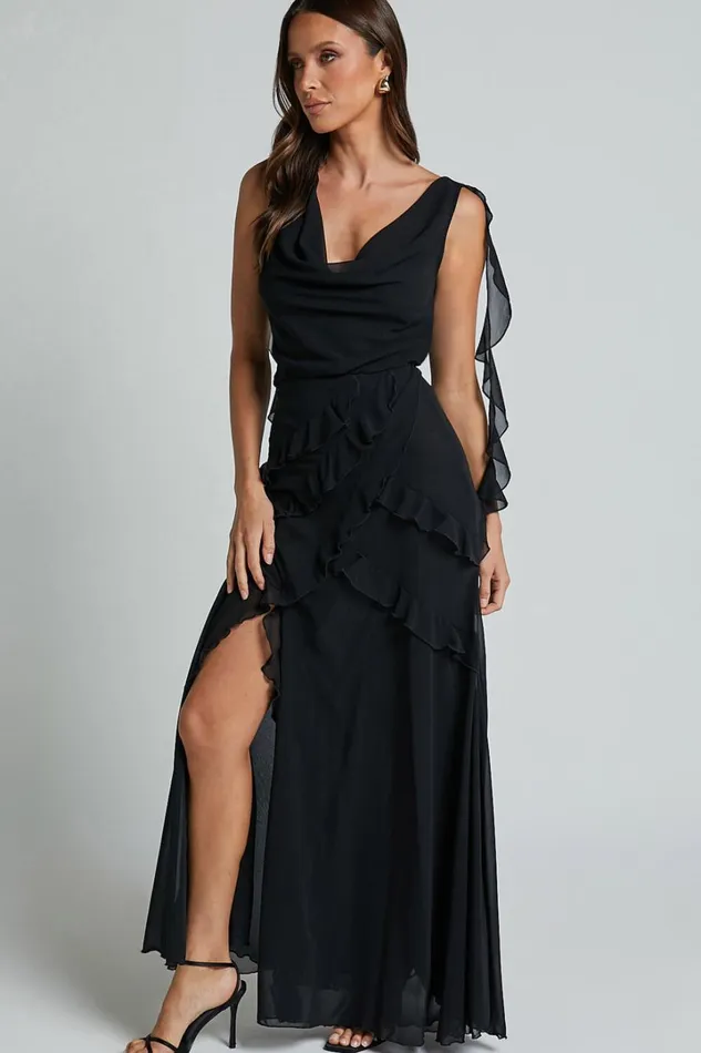 Lowen Maxi Skirt 8211 High Waist Frill Thigh Split Skirt In Black Women Showpo Skirts