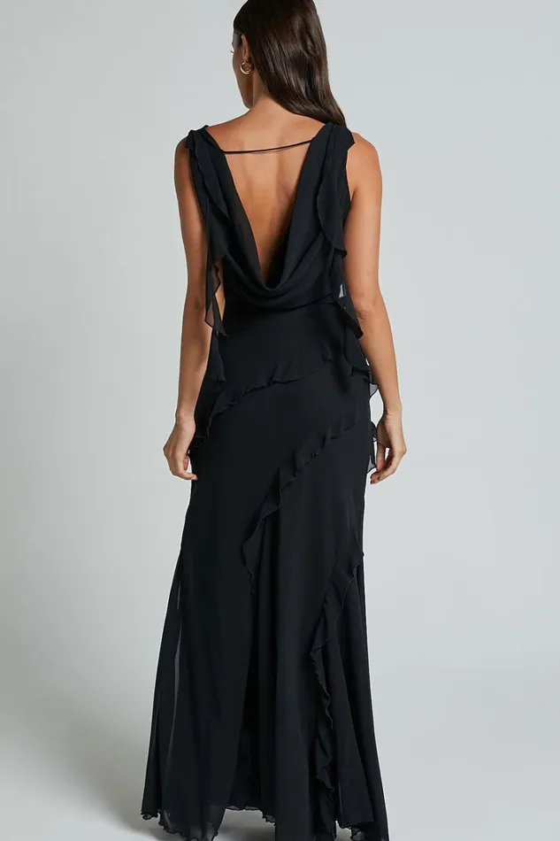Lowen Maxi Skirt 8211 High Waist Frill Thigh Split Skirt In Black Women Showpo Skirts
