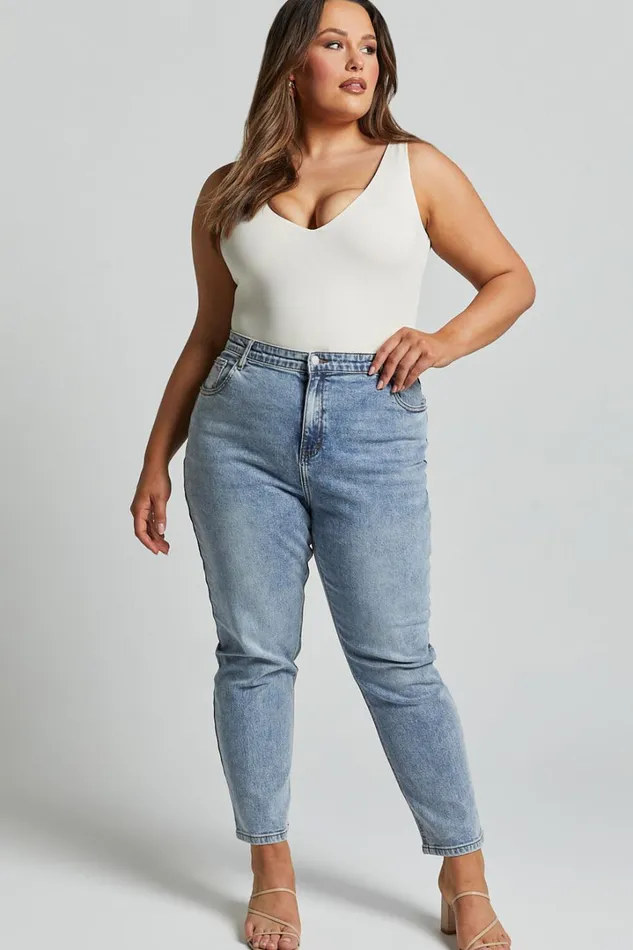 Lucilla Jeans 8211 High Waisted Contour Fitted Denim Jeans In Mid Blue Wash Women Showpo Jeans