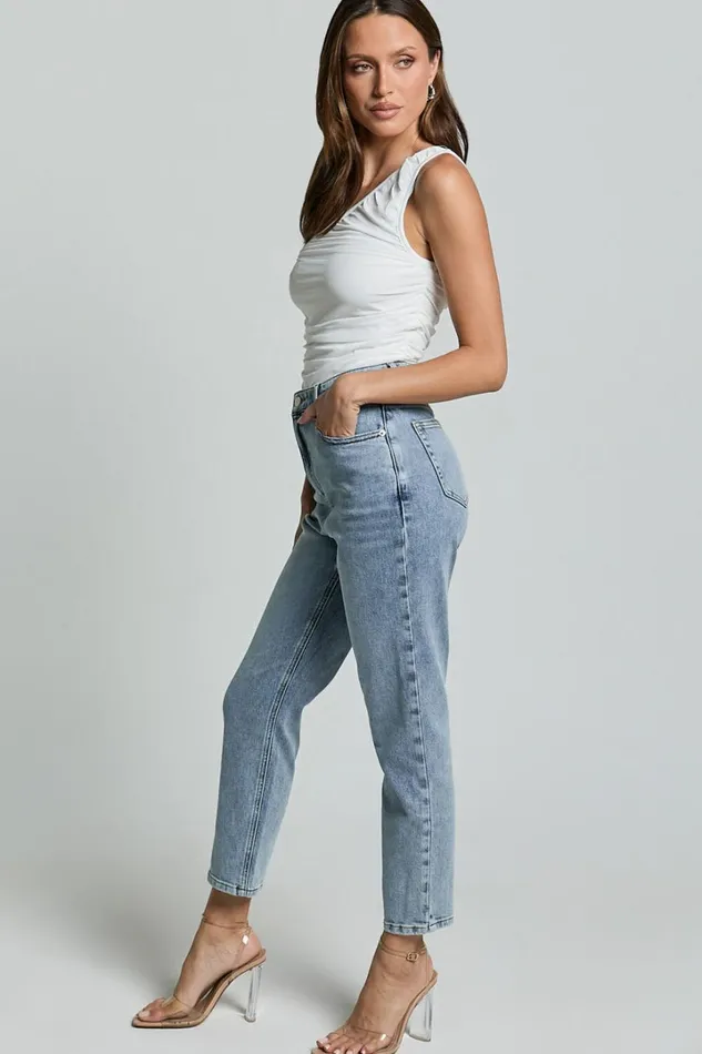 Lucilla Jeans 8211 High Waisted Contour Fitted Denim Jeans In Mid Blue Wash Women Showpo Jeans