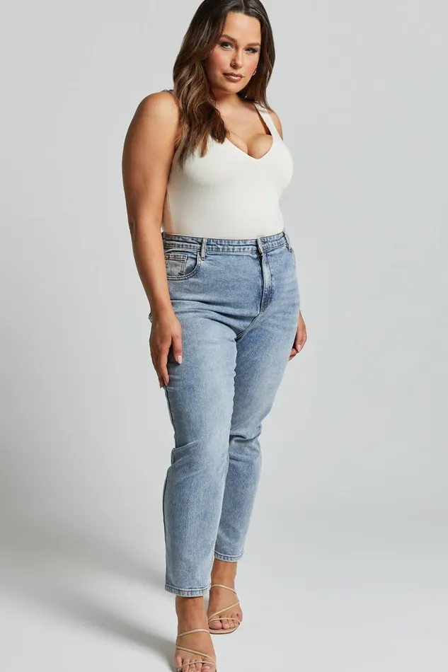 Lucilla Jeans 8211 High Waisted Contour Fitted Denim Jeans In Mid Blue Wash Women Showpo Jeans