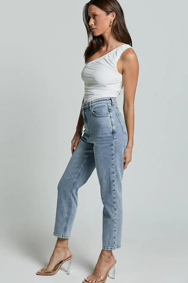 Lucilla Jeans 8211 High Waisted Contour Fitted Denim Jeans In Mid Blue Wash Women Showpo Jeans