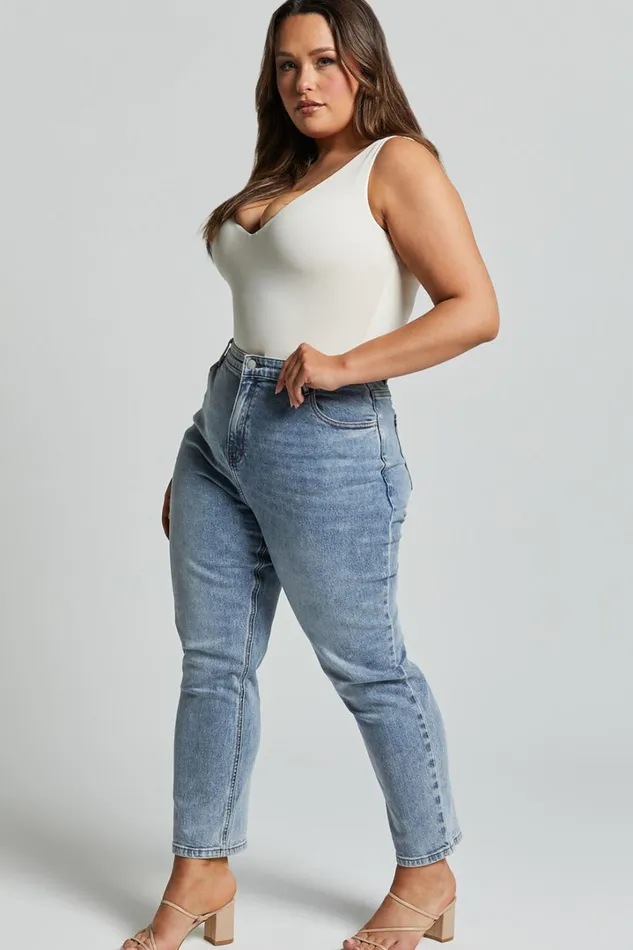 Lucilla Jeans 8211 High Waisted Contour Fitted Denim Jeans In Mid Blue Wash Women Showpo Jeans