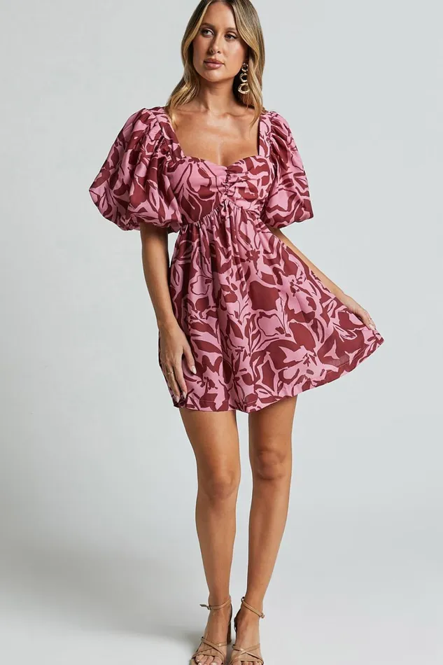 Lydie Mini Dress 8211 Sweetheart Short Balloon Sleeve Ruched Bodice Dress In Whirlwind Floral Print Women Showpo Dresses