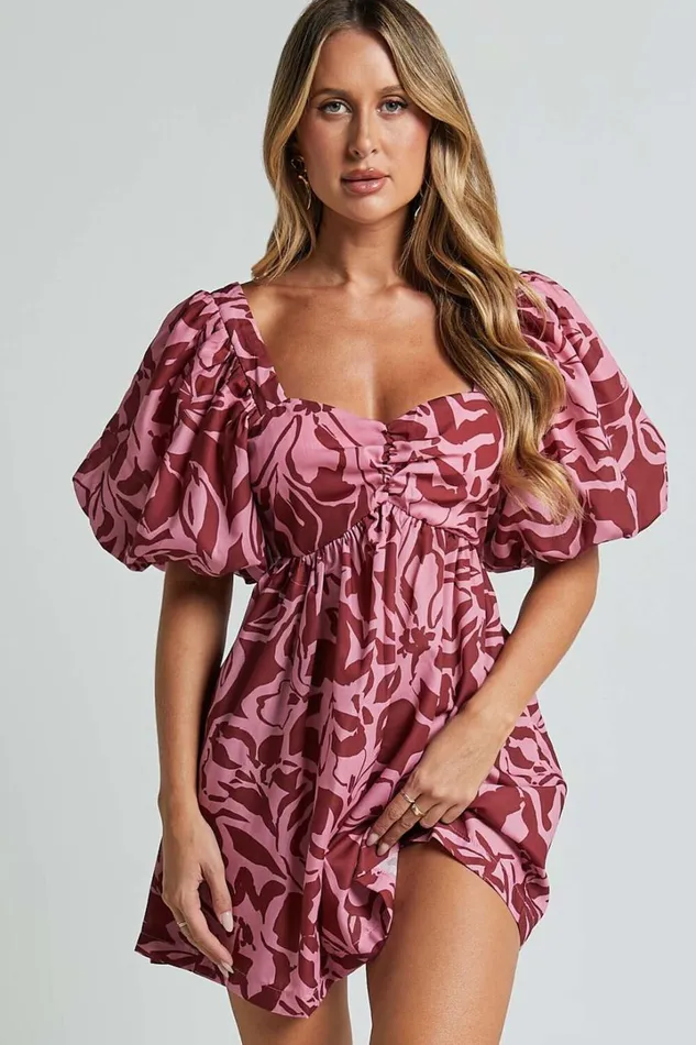Lydie Mini Dress 8211 Sweetheart Short Balloon Sleeve Ruched Bodice Dress In Whirlwind Floral Print Women Showpo Dresses