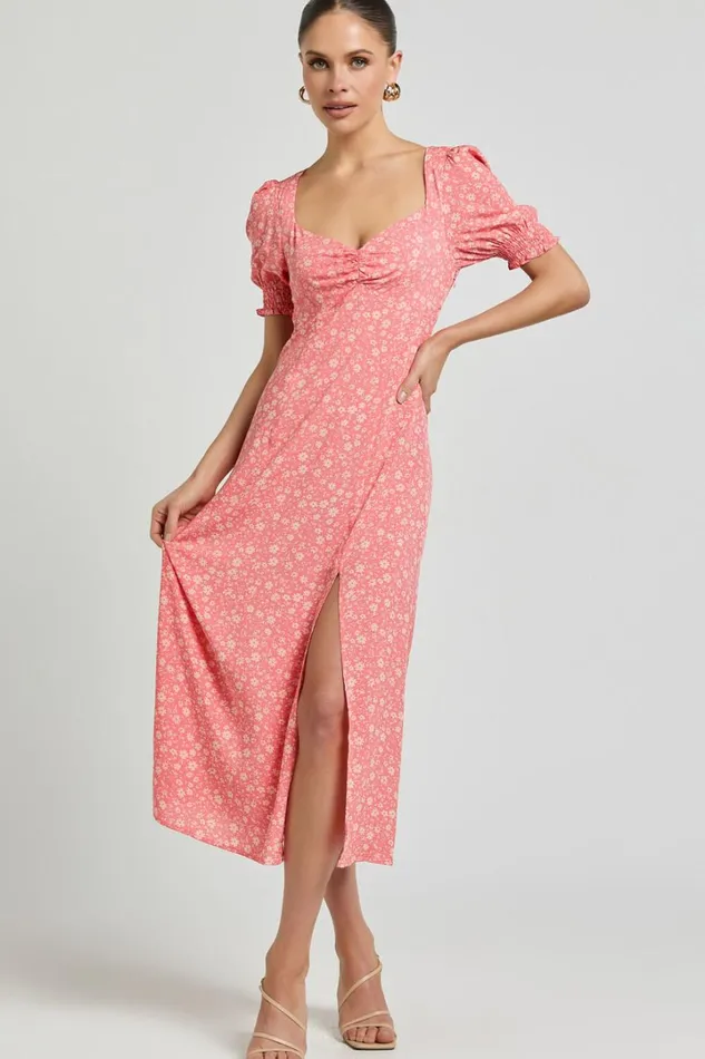 Marcel Midi Dress 8211 Sweetheart Puff Sleeve Thigh Split Dress In Coral Women Showpo Dresses Marcel Midi Dress 8211 Sweetheart Puff Sleeve Thigh Split Dress In Coral Women Showpo Dresses