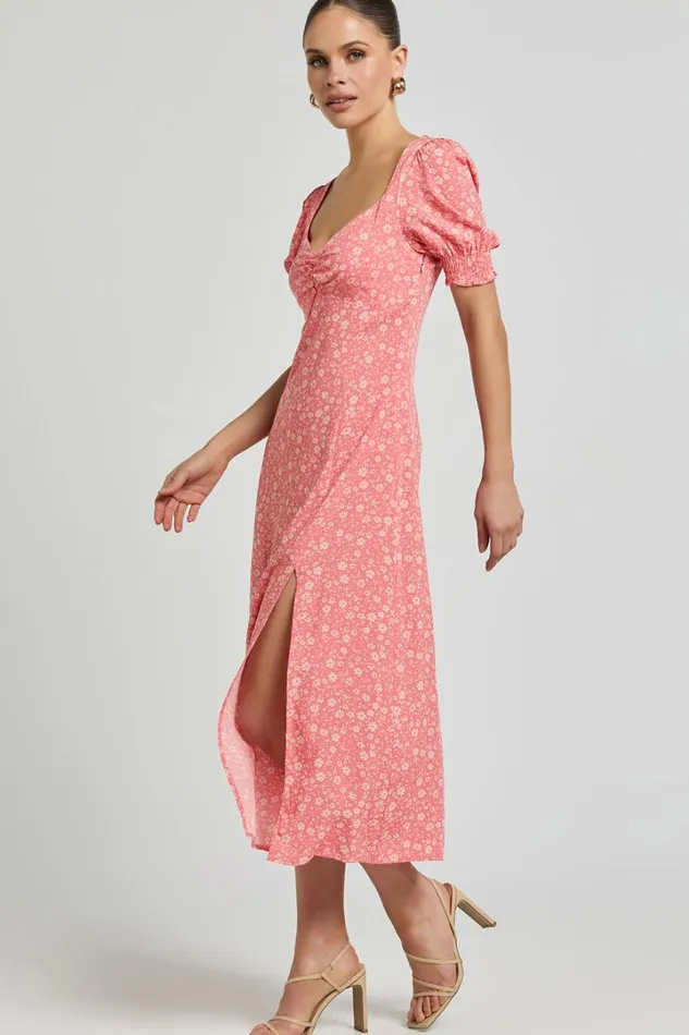 Marcel Midi Dress 8211 Sweetheart Puff Sleeve Thigh Split Dress In Coral Women Showpo Dresses
